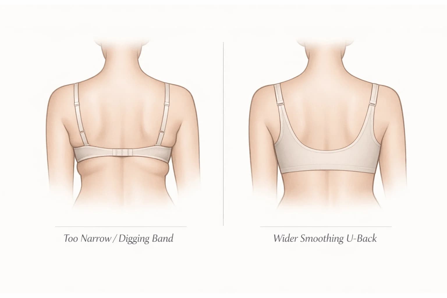 Diagram showing a thin bra band causing back bulge versus a wider smoothing bra back that creates a cleaner silhouette