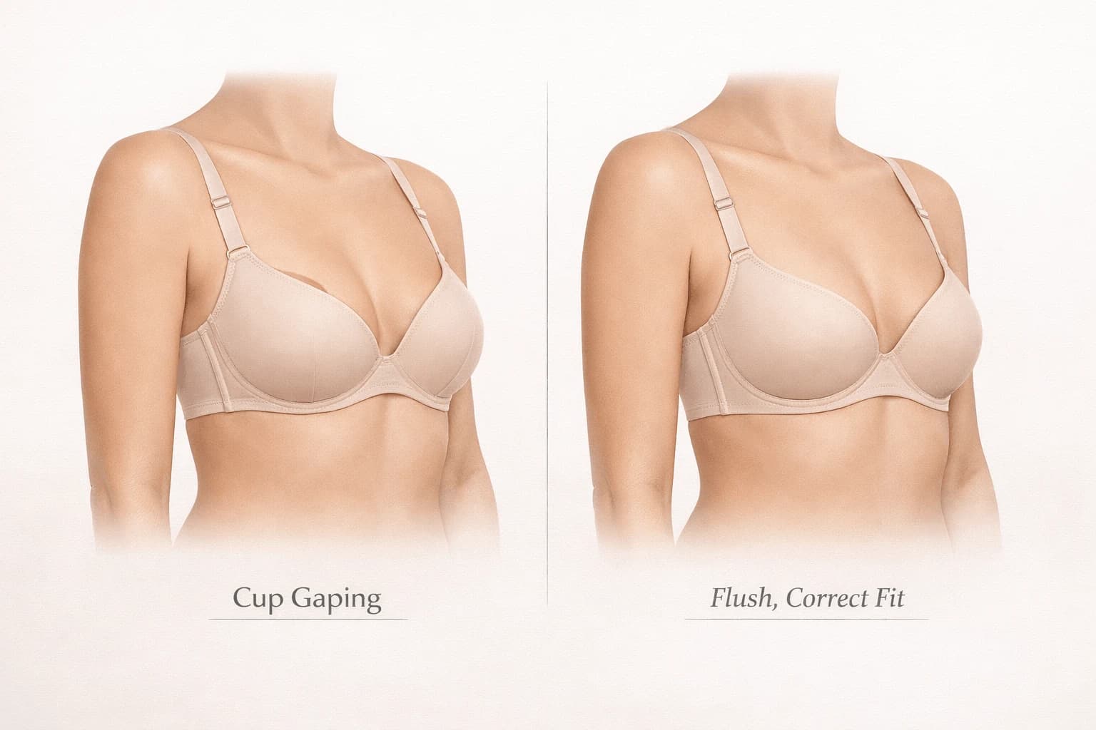 Comparison showing bra cup gaping at the top versus a cup lying flush against the breast