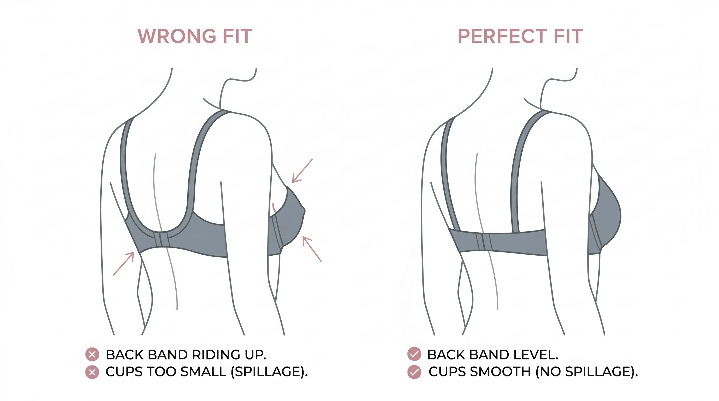Educational diagram comparing a correctly fitting bra with common wrong bra fit signs including floating gore, band ride-up, cup spillage, digging straps, and underwire sitting on breast tissue