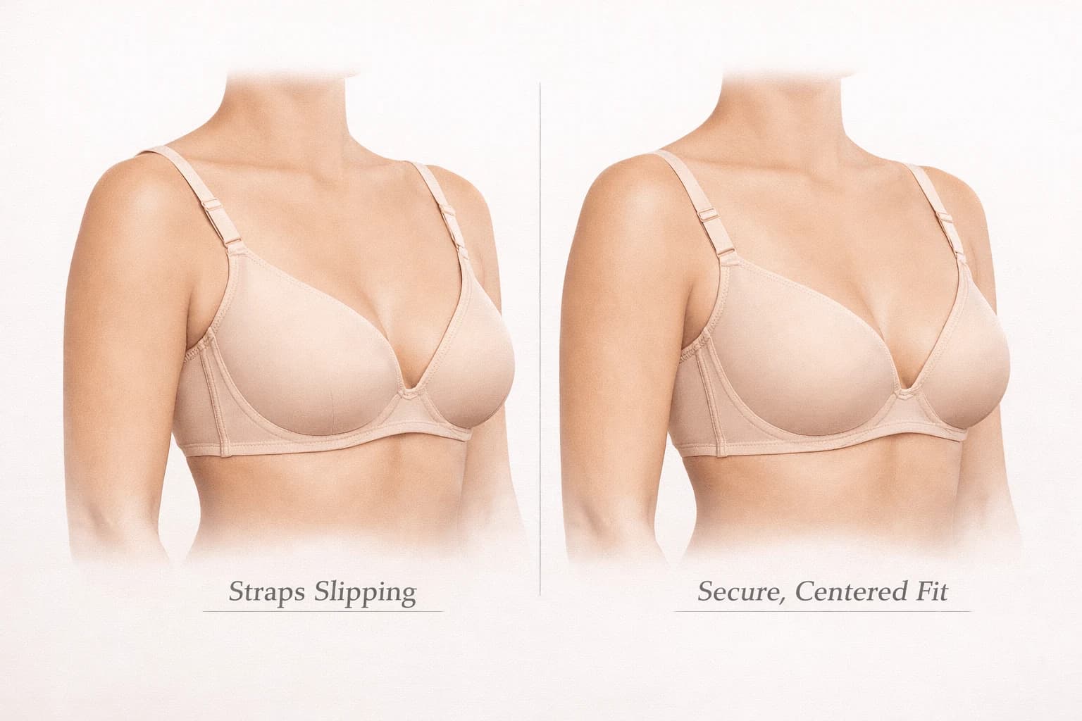 Comparison showing bra straps slipping off narrow shoulders versus a more centered supportive strap position