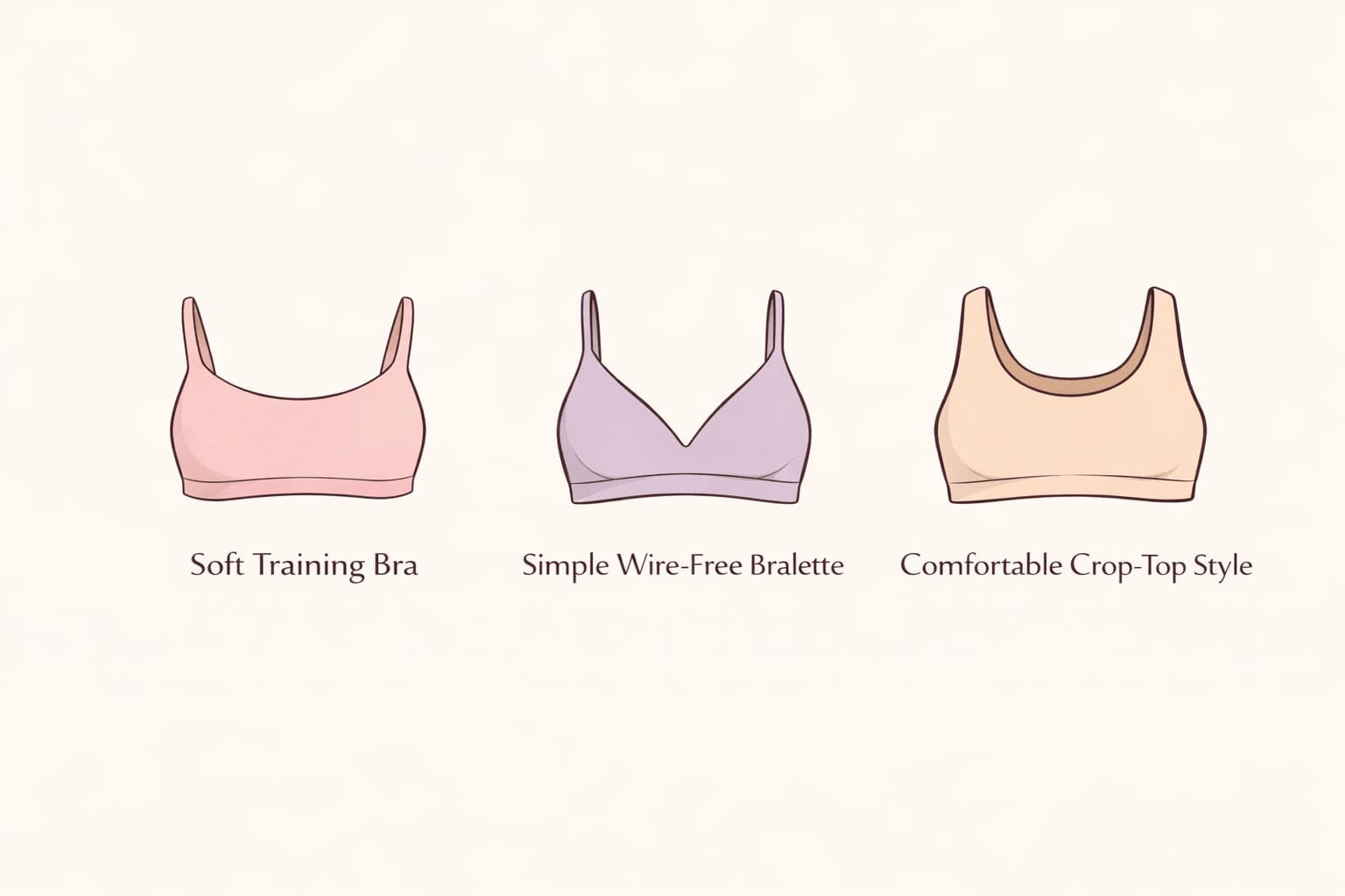 First bra beginner styles guide showing a training bra, wire-free bralette, and crop-top bra