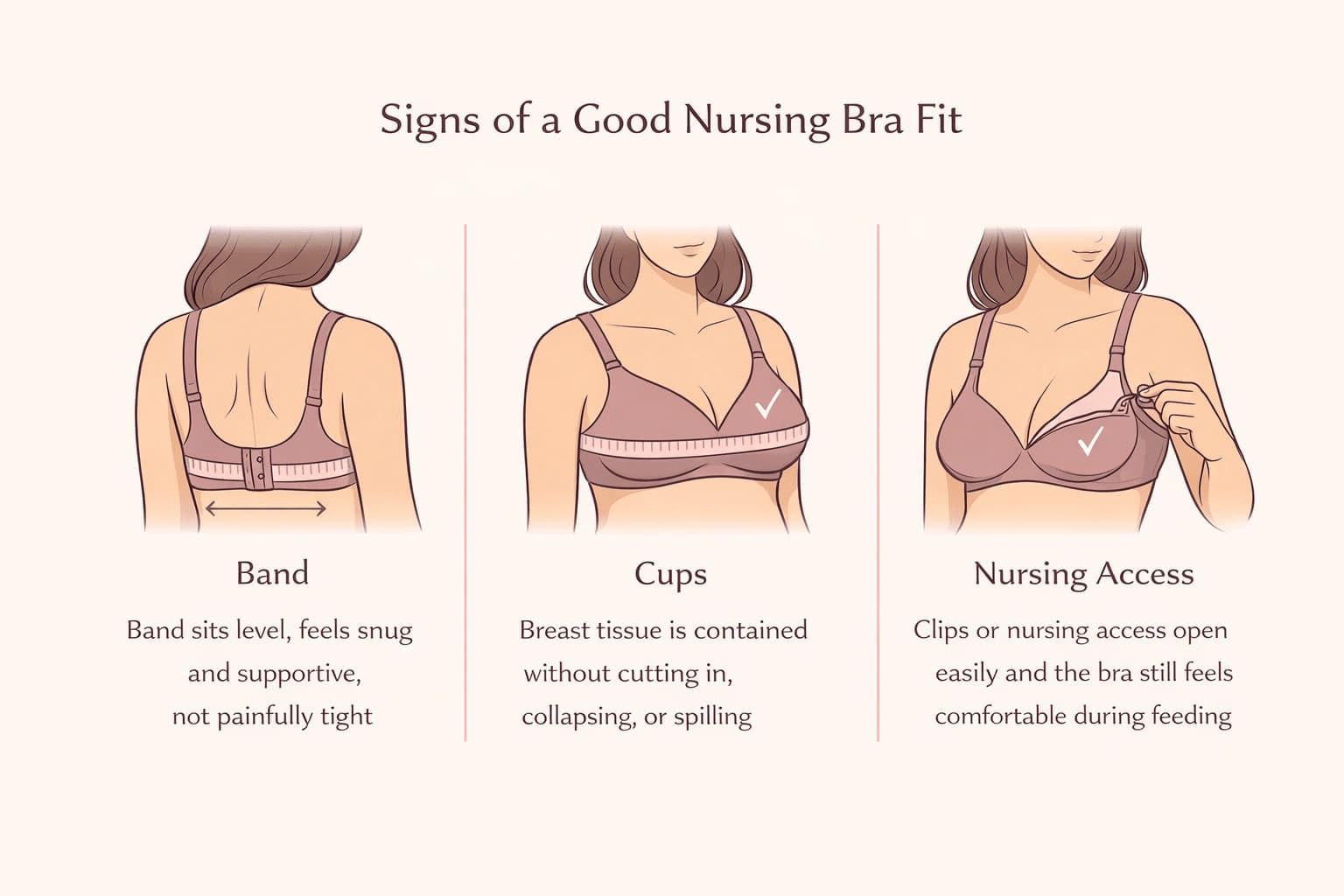 Nursing bra fit check showing a level band, contained cups, and easy nursing access