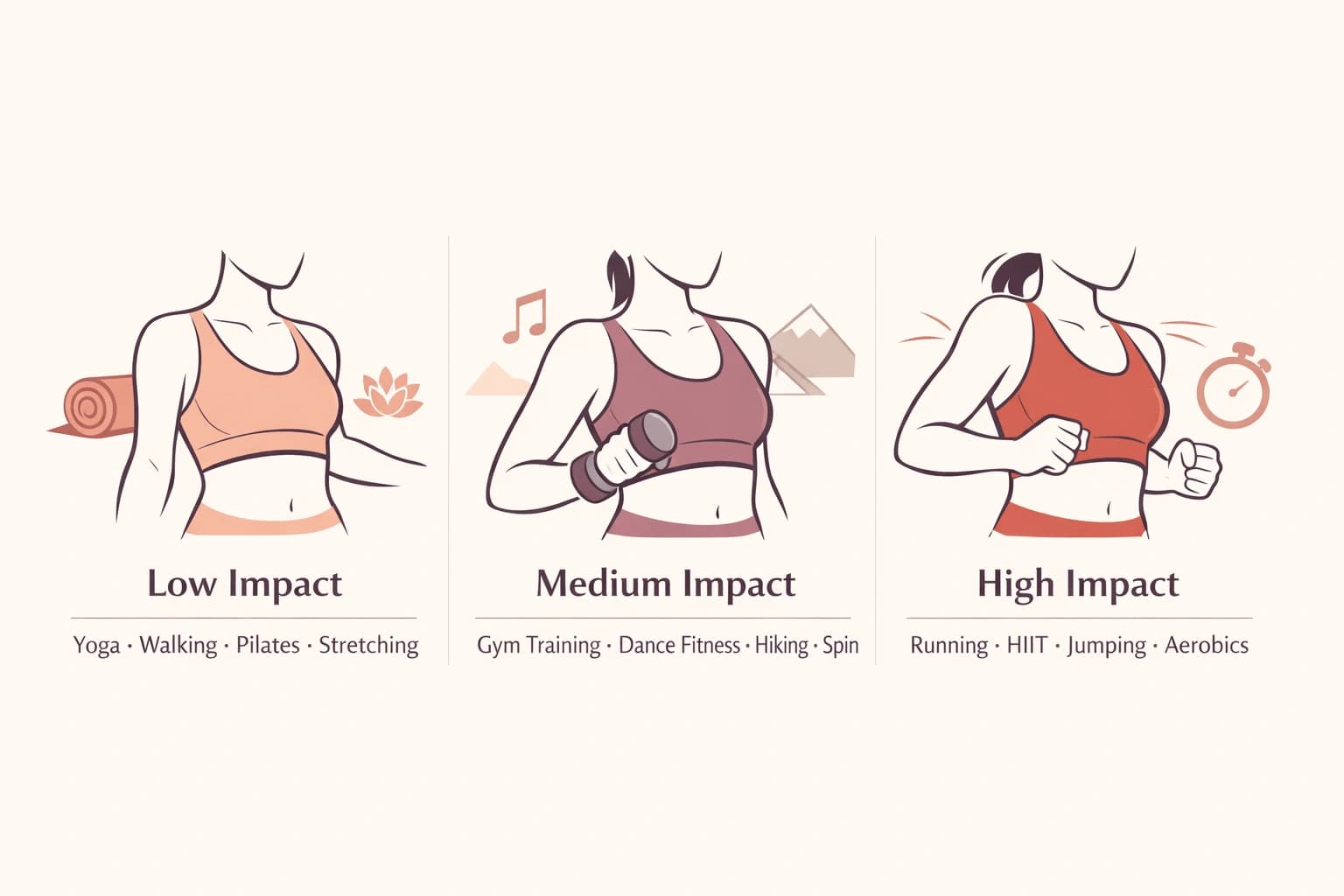 Sports bra impact level guide showing low, medium, and high impact support categories