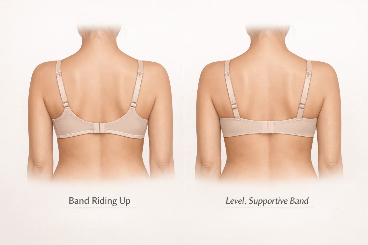 Comparison showing a bra band riding up in the back versus a bra band sitting level and parallel to the floor