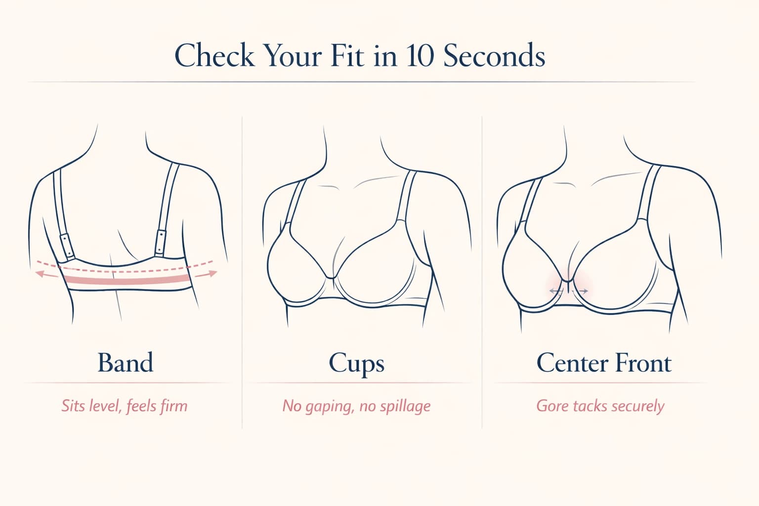 Infographic showing how to check bra fit after using a bra size calculator, including band fit, cup fit, and center front fit.