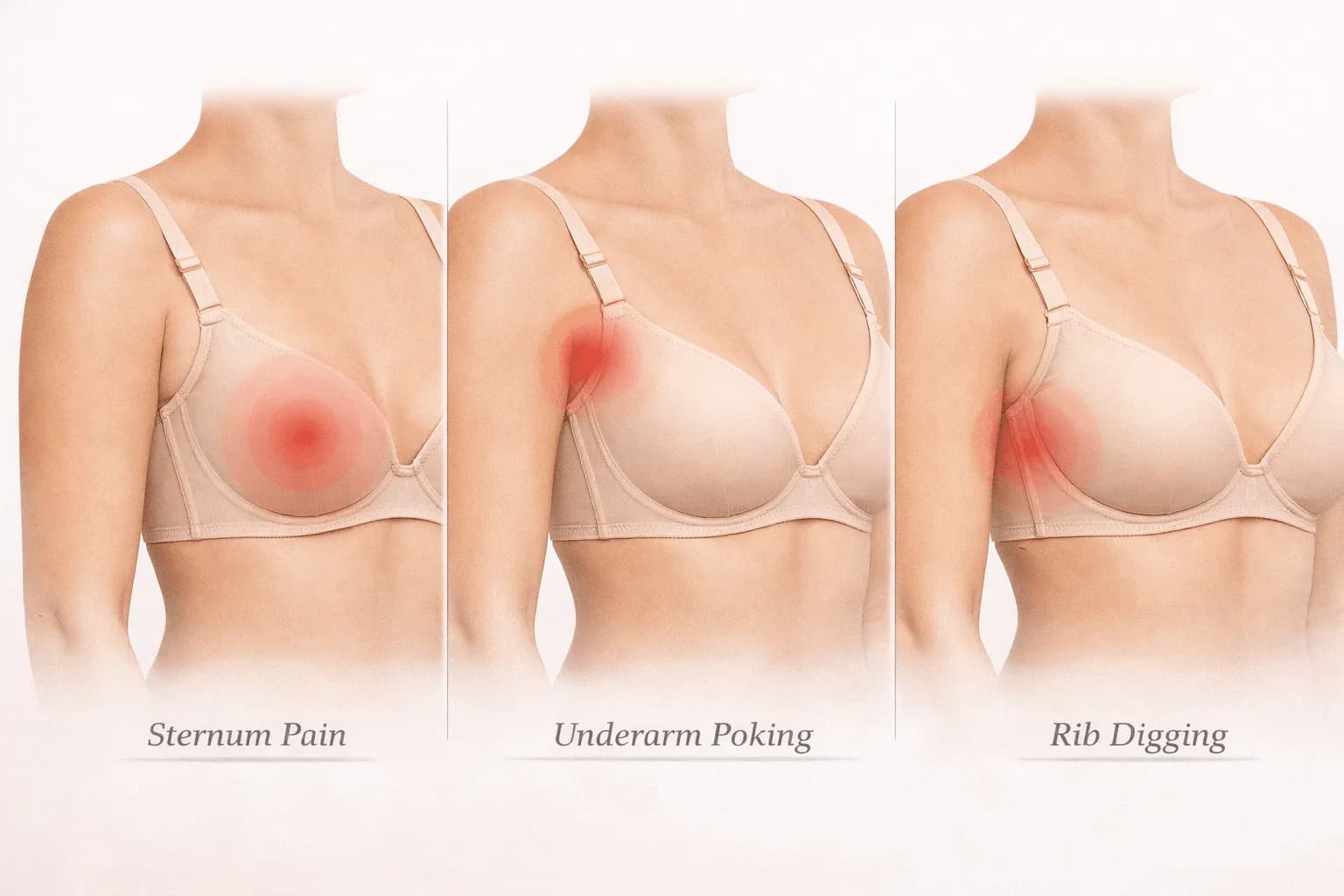 Educational comparison showing underwire pain points at the center gore, underarm, and ribs